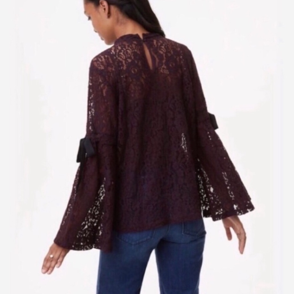 Ann Taylor LOFT plum lace bell sleeve blouse with bows at sleeves Dark feminine - Picture 2 of 8
